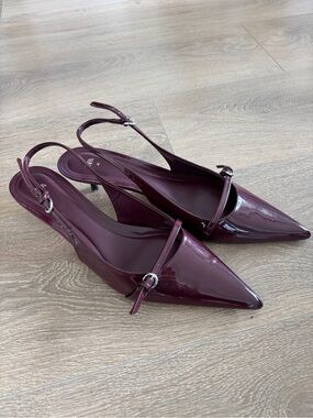 Zara Pointed Slingback Kitten Heel Pumps in Deep Burgundy